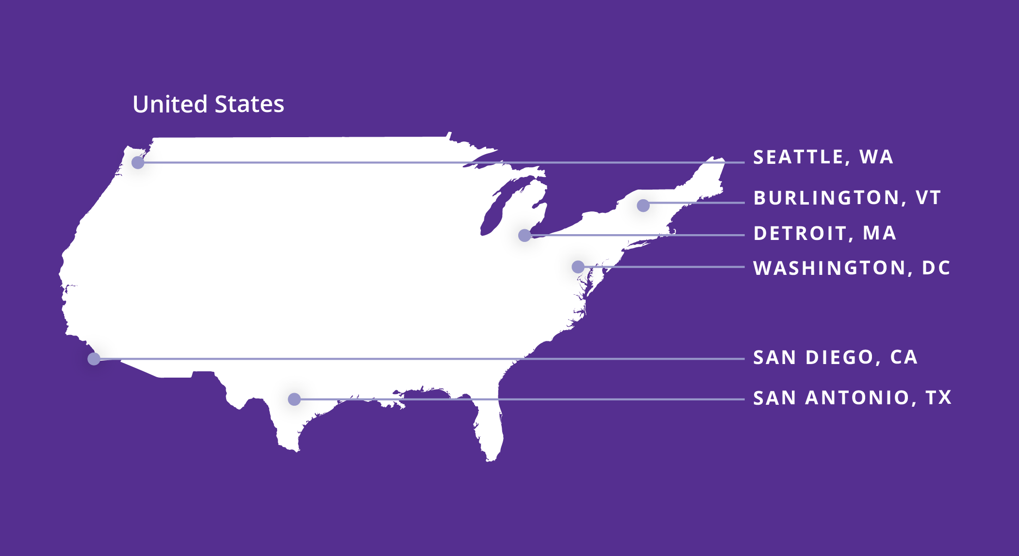 Map of the United States pinpointing Seattle, WA, Burlington, VT, Detroit, MA, Washington, DC, San Diego, CA and San Antonio, TX